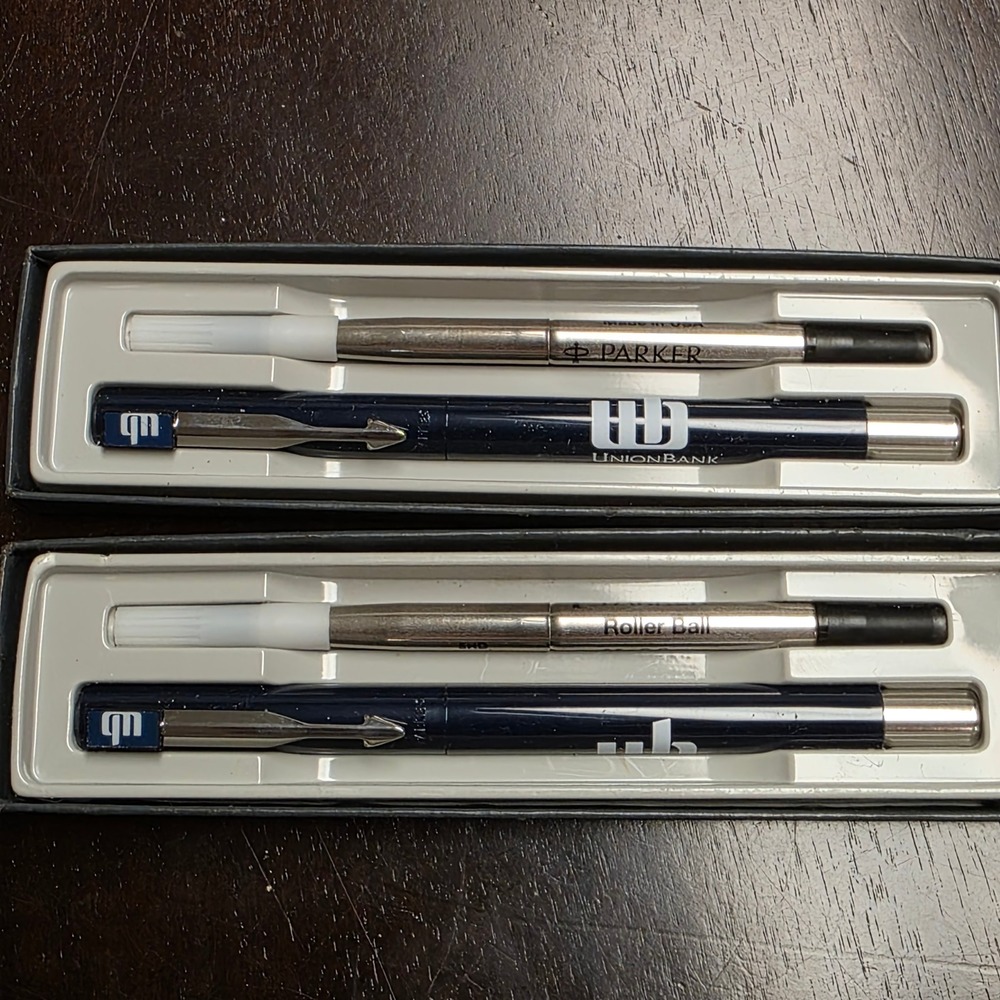 Parker Rollerball Pens, Set of 2, Vector Union Bank, Blue Silver, Black ink, USA